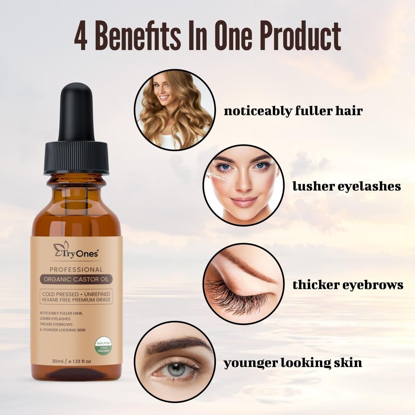 TryOnes Premium Castor Oil – For Thicker Hair, Longer Lashes & Glowing Skin (Pack of 1)